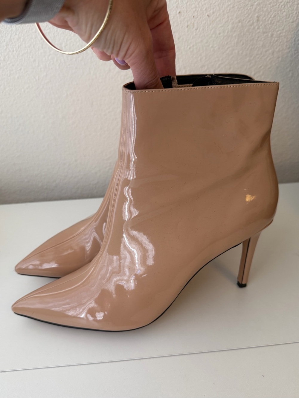 Topshop Nude Patent Shiny Point toe booties stiletto heel side zip size 40